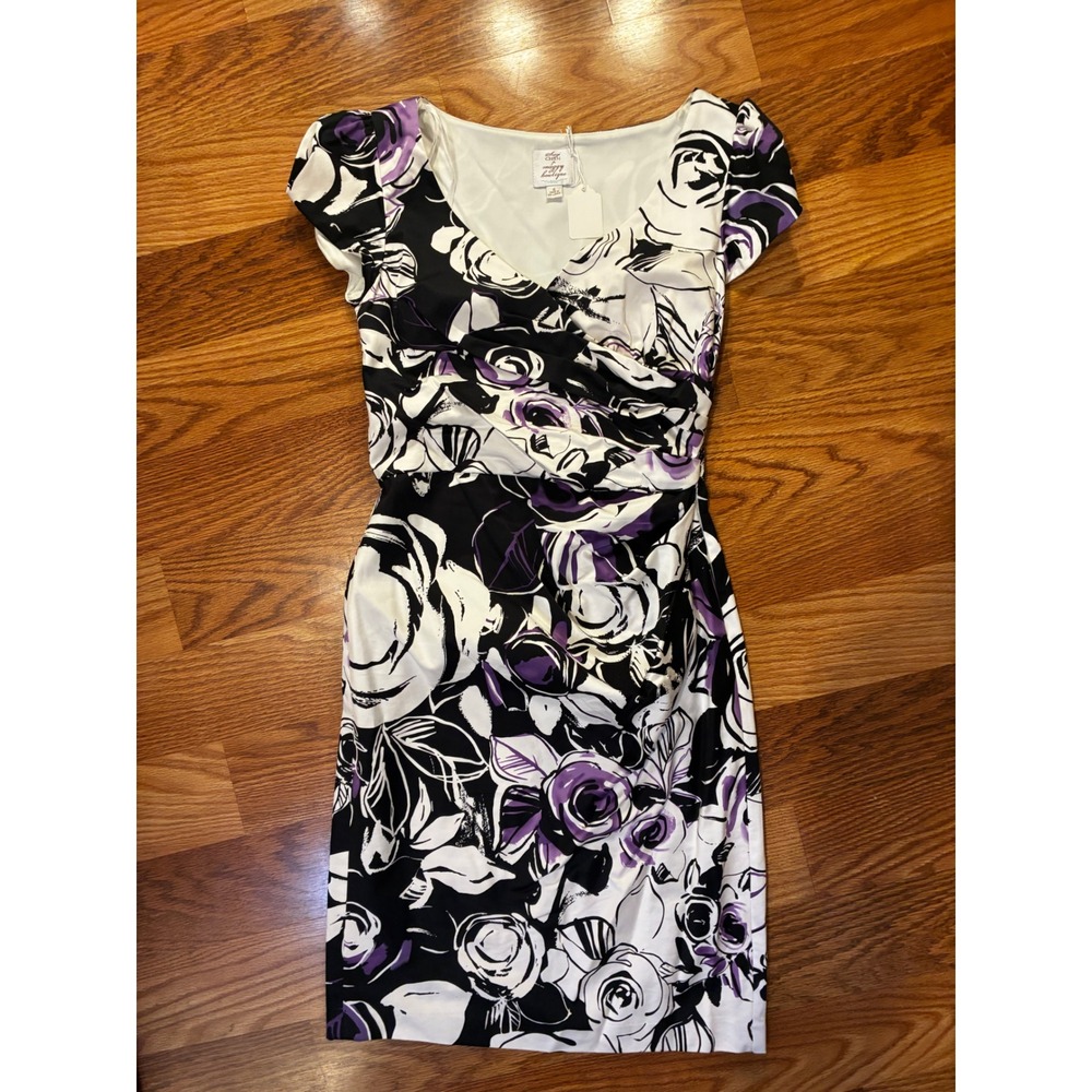 Suzi Chin Maggy Boutique Floral Sheath Whimsigoth Ruched Dress 6 Purple Black